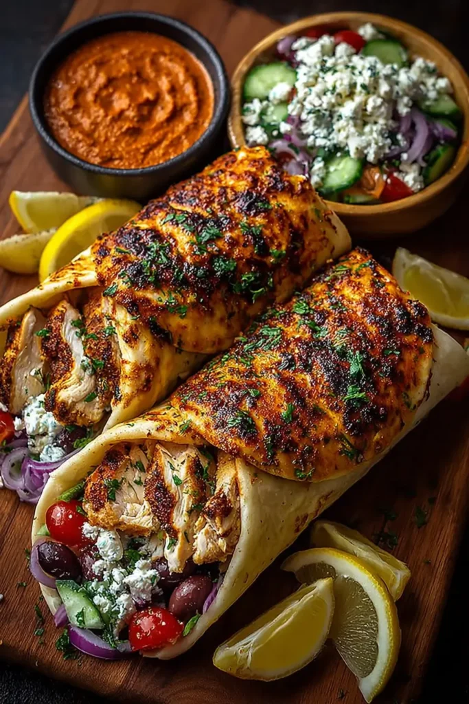 Greek Chicken Wraps & Spicy Harissa Sauce