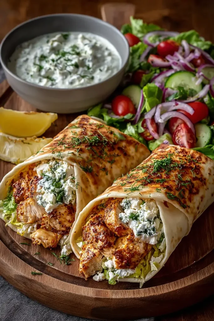 Greek Chicken Wraps with Feta Dip