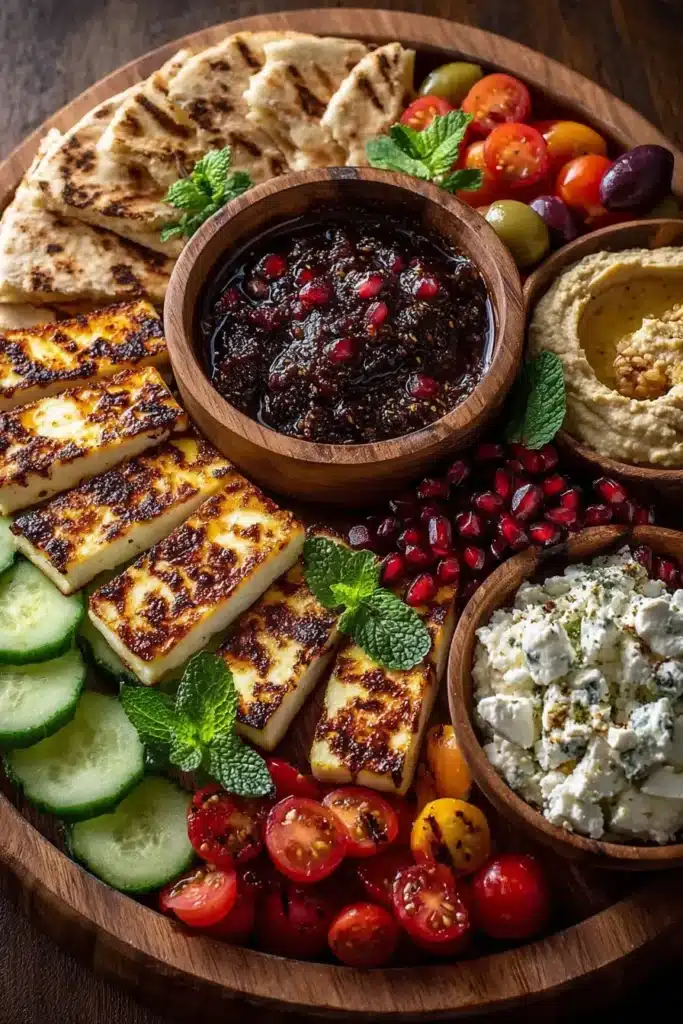 Greek Halloumi Mezze Platter with Pomegranate Drizzle