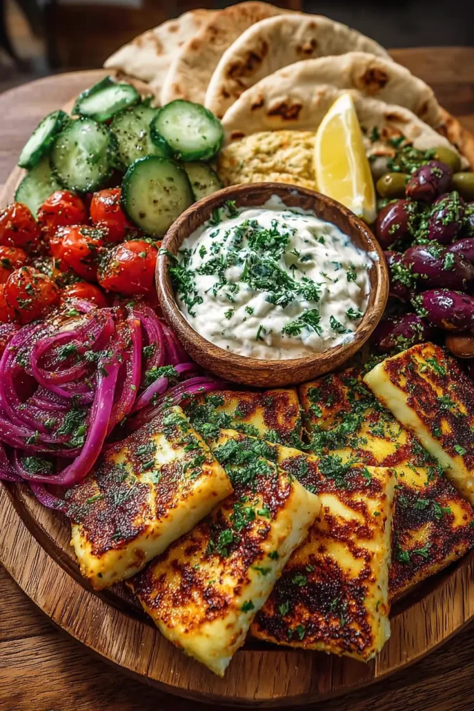 Greek Halloumi Mezze Platter with Yogurt Drizzle