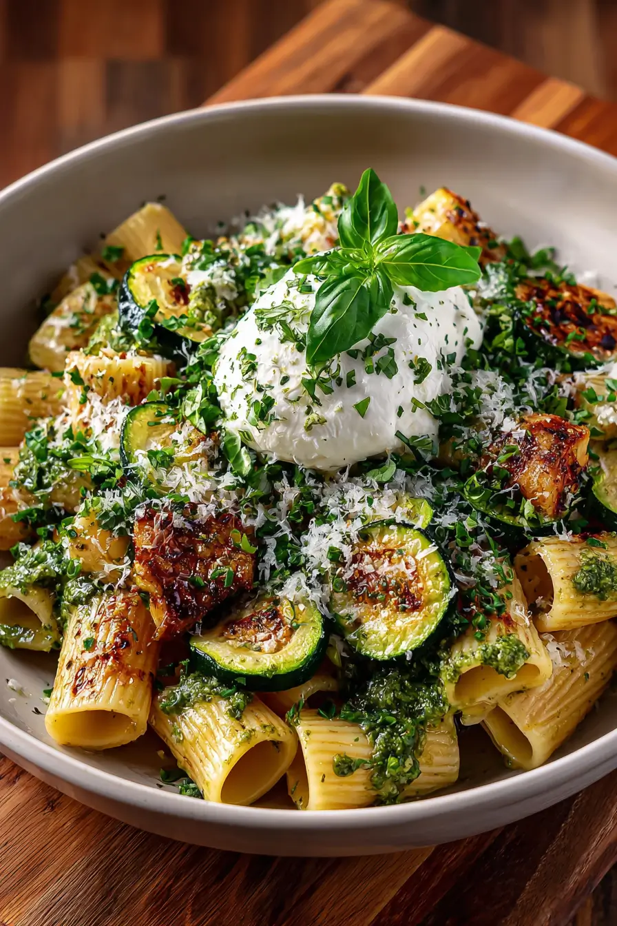 Lemon Pesto Rigatoni with Burrata & Roasted Zucchini