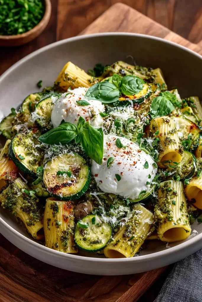 Lemon Pesto Rigatoni with Burrata & Roasted Zucchini