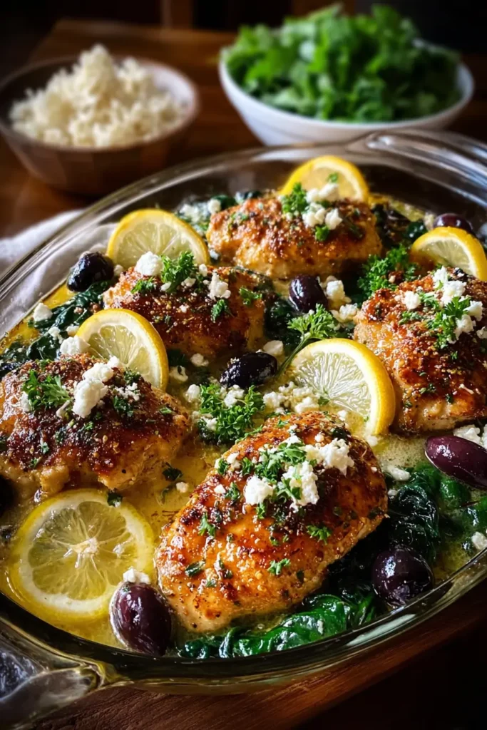 Mediterranean Chicken Bake with Lemon, Olives & Spinach