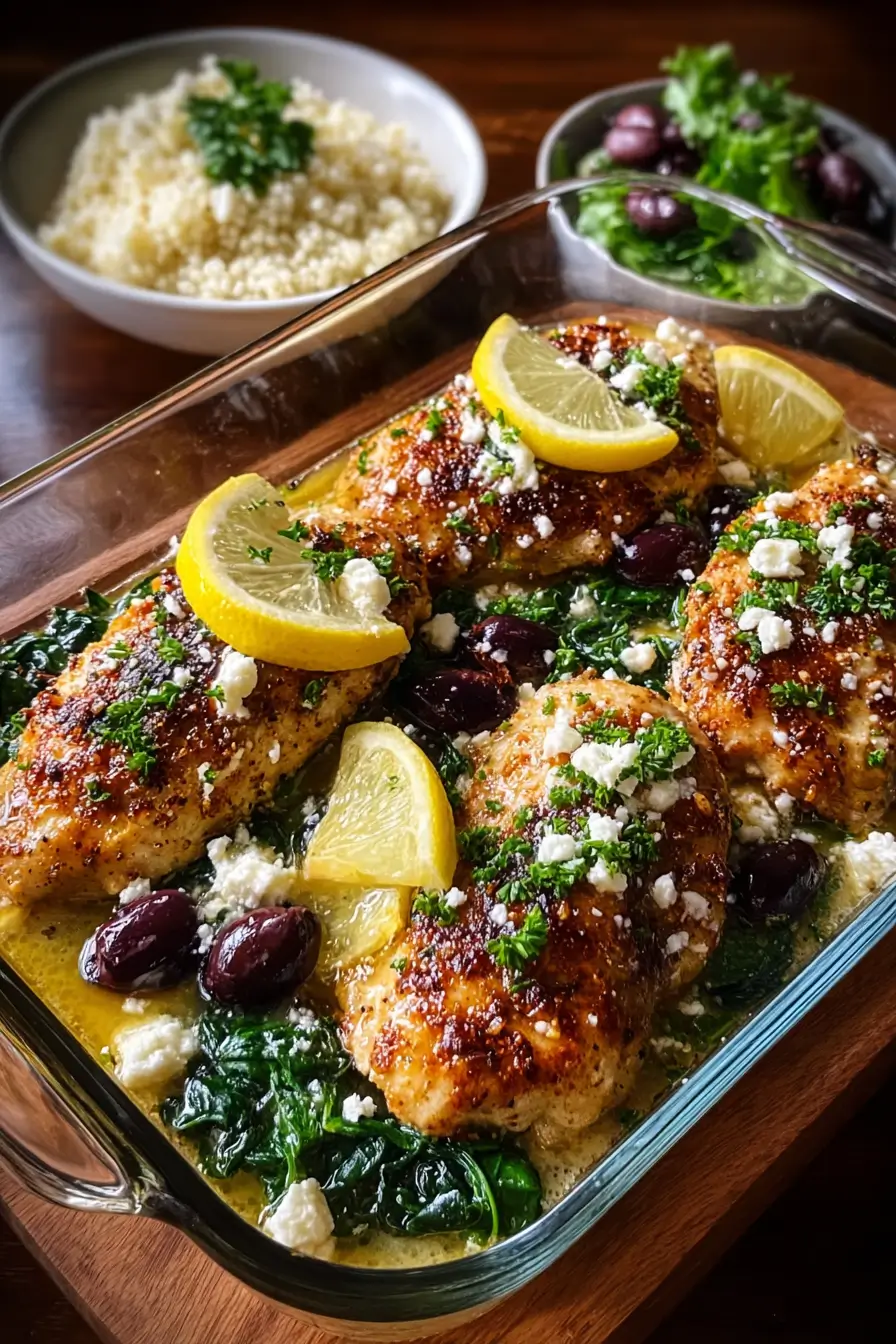 Mediterranean Chicken Bake with Lemon, Olives & Spinach