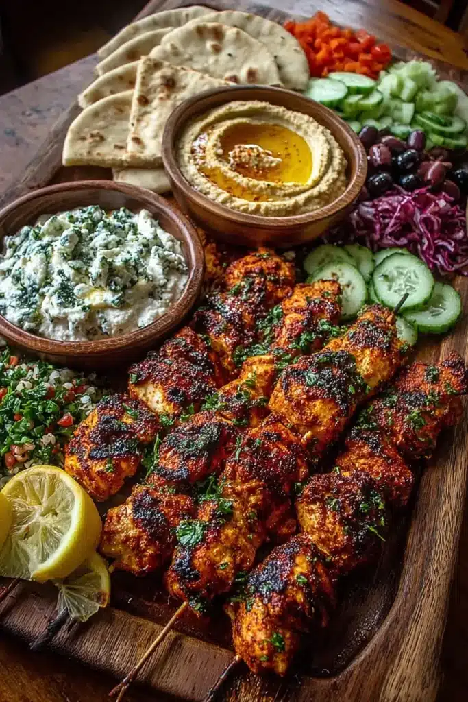 Mediterranean Chicken Skewers with Mezze Tray