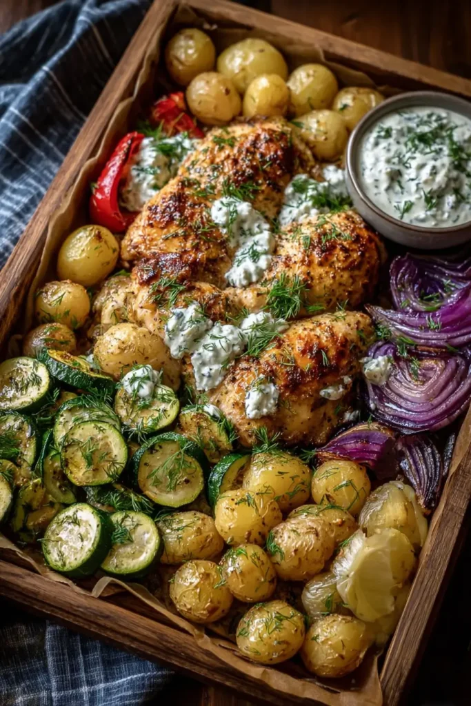 Sheet-Pan Lemon Chicken with Roasted Vegetables & Yogurt Sauce