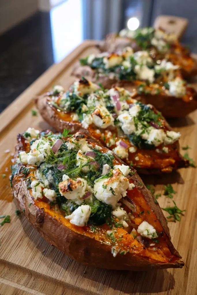 Stuffed sweet potatoes with spinach, feta & lemon-herb drizzle Recipe