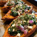 Easy Stuffed sweet potatoes with spinach, feta & lemon-herb drizzle