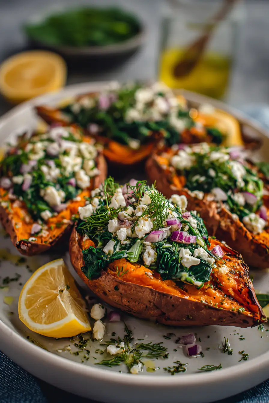 Best Stuffed sweet potatoes with spinach, feta & lemon-herb drizzle