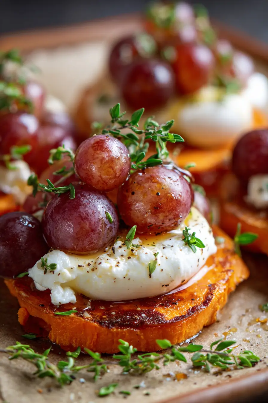Sweet Potato Rounds with Burrata, Honey & Roasted Grapes Recipe