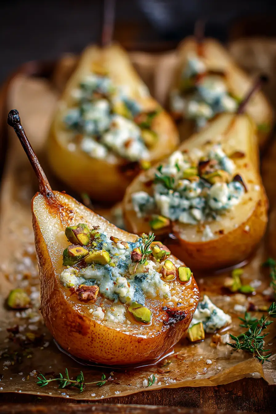 roasted pears with blue cheese and pistachios Recipe