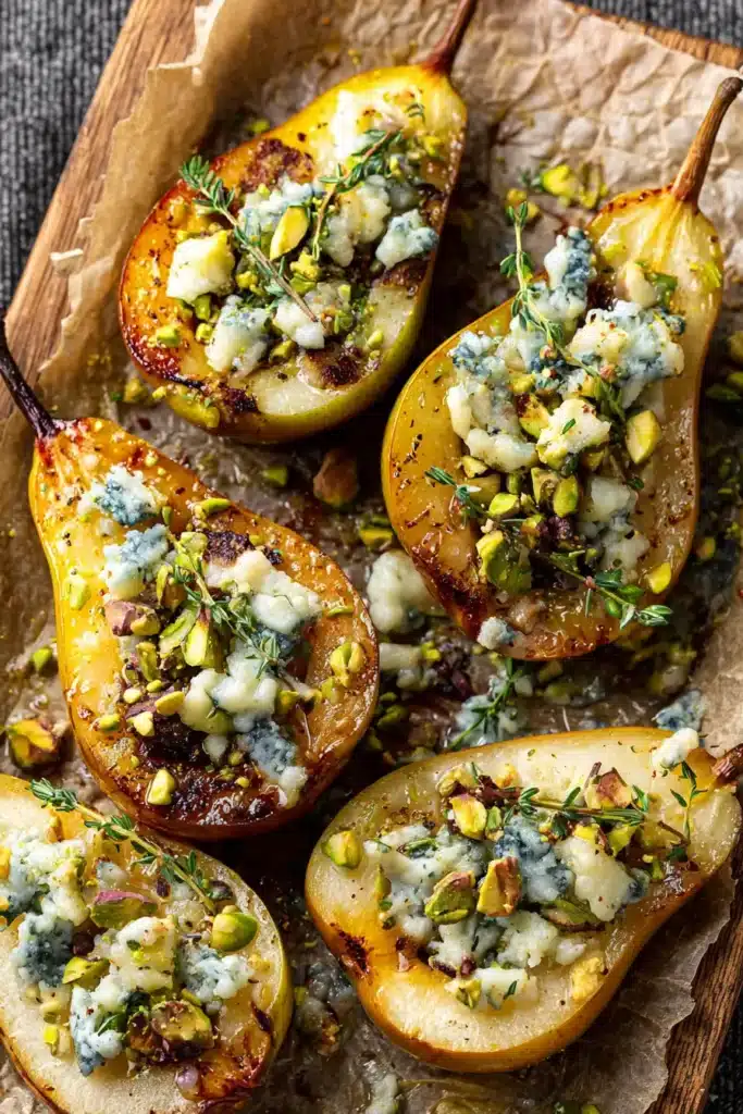 roasted pears with blue cheese and pistachios