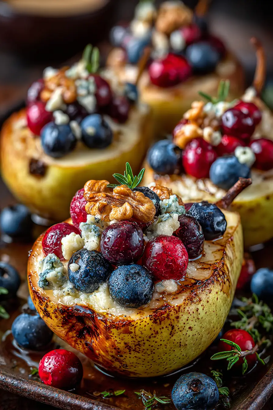Baked Pears with Berries, Honey, Walnuts & Blue Cheese