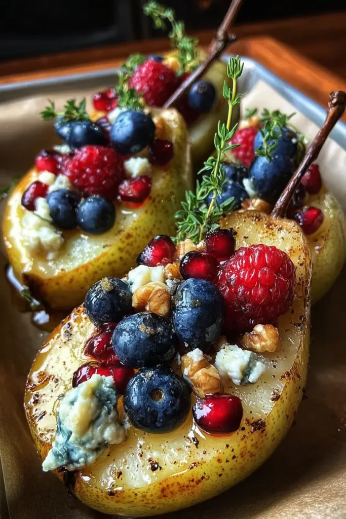 Baked Pears with Berries, Honey, Walnuts & Blue Cheese