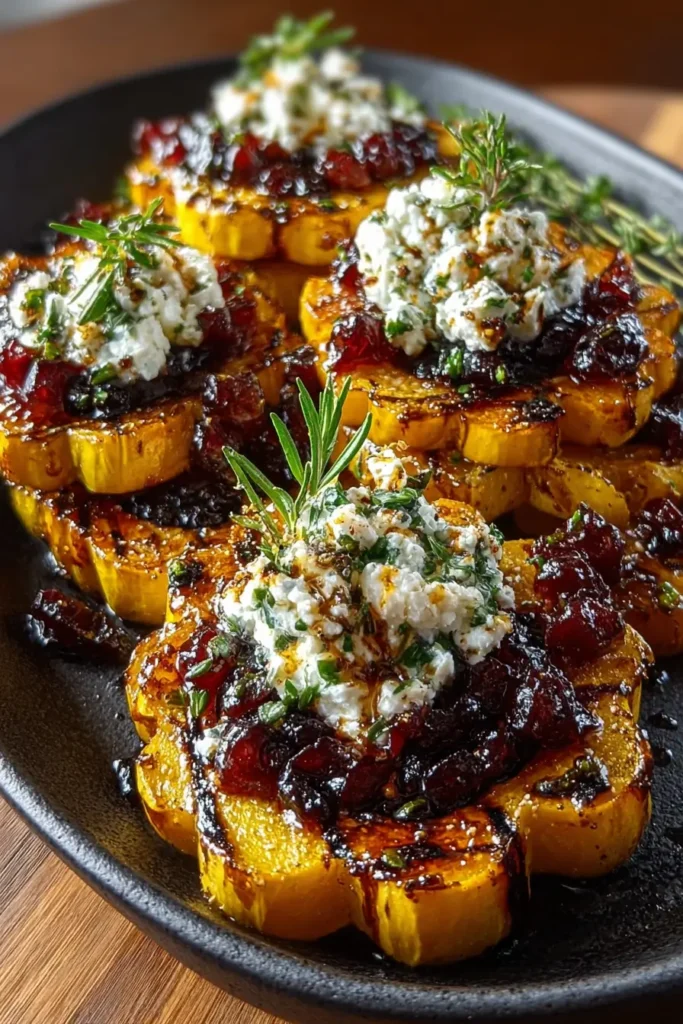Caramelized Delicata Squash with Ricotta & Hot Honey Cranberry Glaze