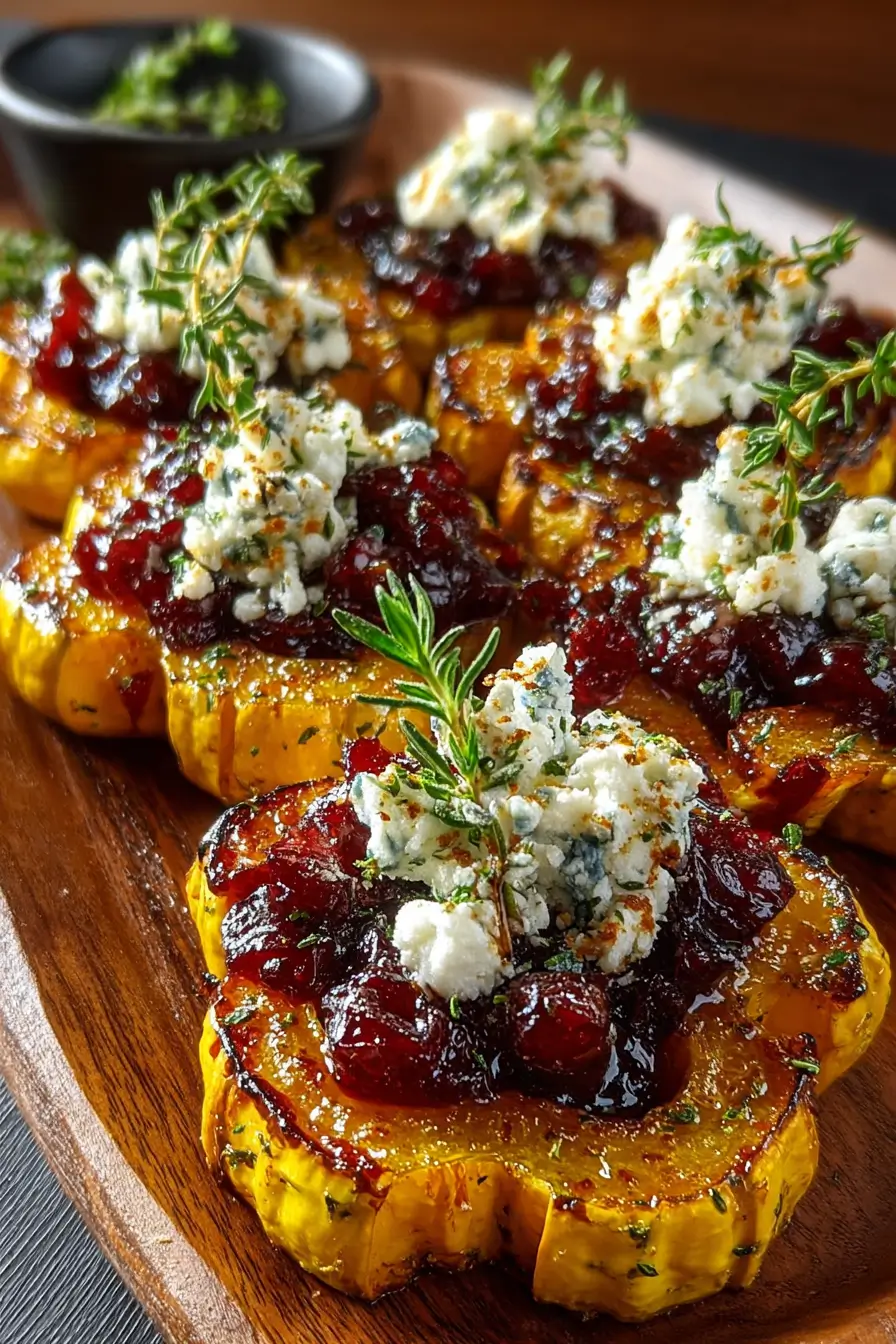 Caramelized Delicata Squash with Ricotta & Hot Honey Cranberry Glaze