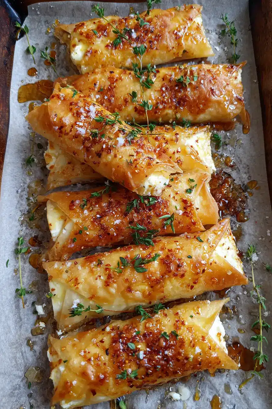 Easy Crispy Baked Feta Wraps with Spicy Honey Drizzle