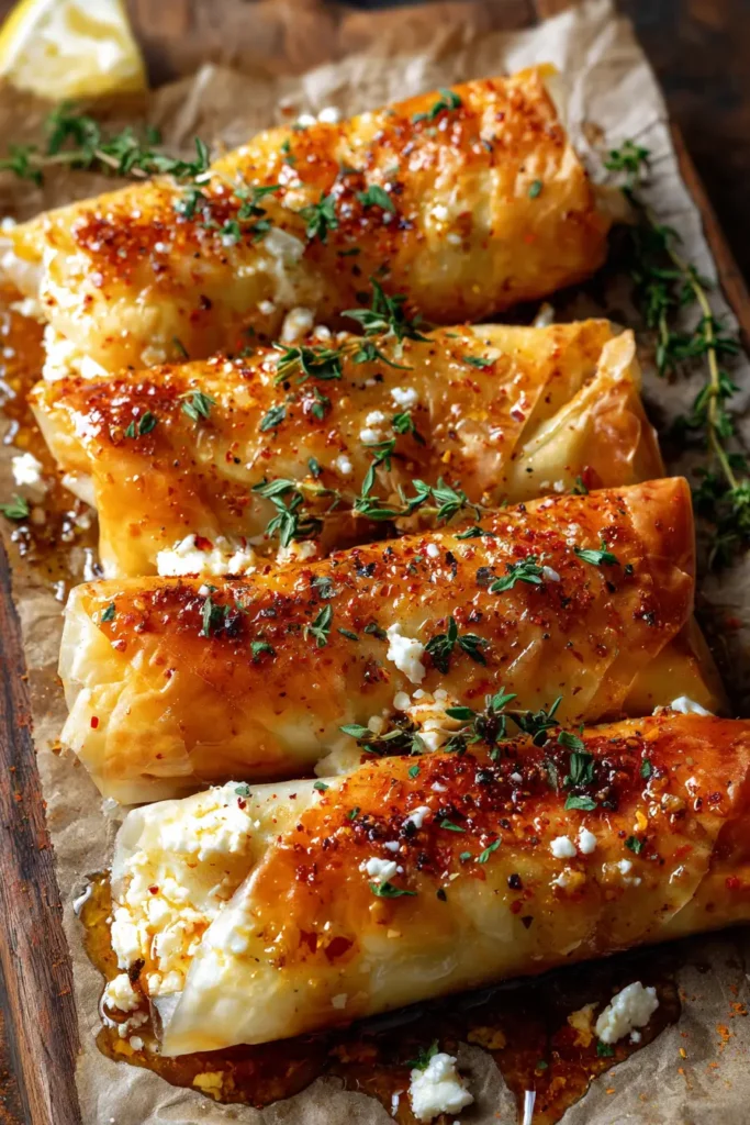 Crispy Baked Feta Wraps with Spicy Honey Drizzle