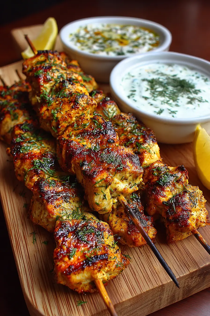 Greek Chicken Skewers with Lemon Yogurt Dip