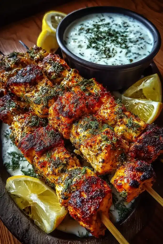 Greek Chicken Skewers with Lemon Yogurt Dip