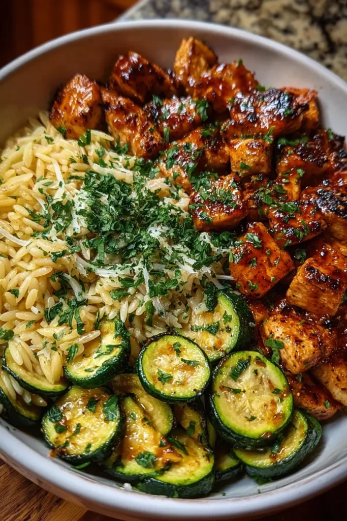 Hot Honey Chicken & Orzo Bowl with Roasted Zucchini