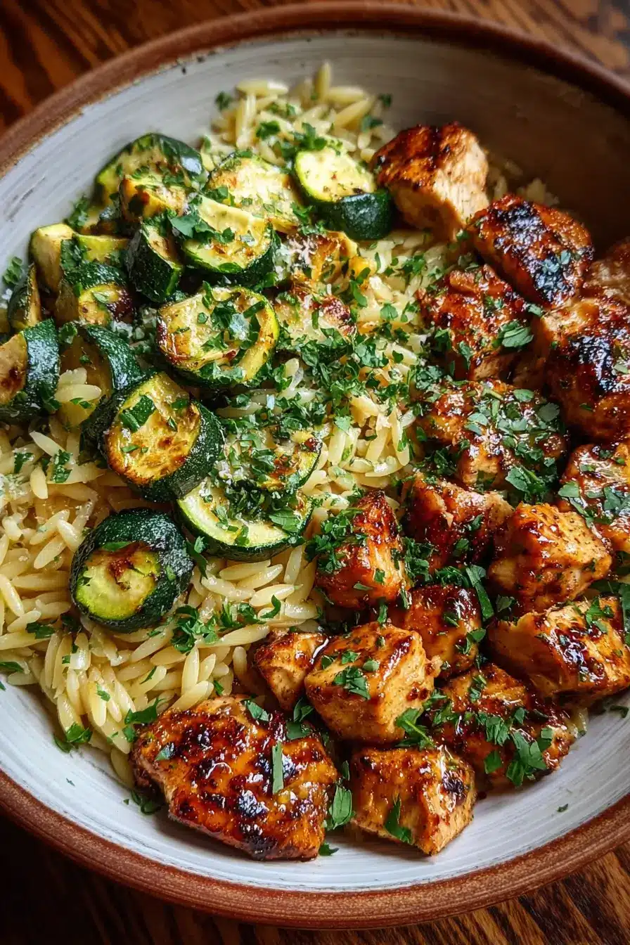 Hot Honey Chicken & Orzo Bowl with Roasted Zucchini