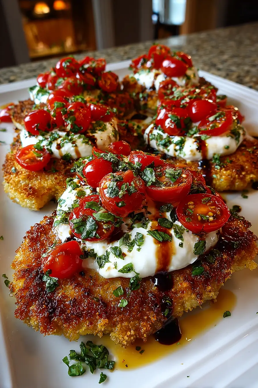Italian Basil Chicken Cutlets with Tomato and Burrata Topping
