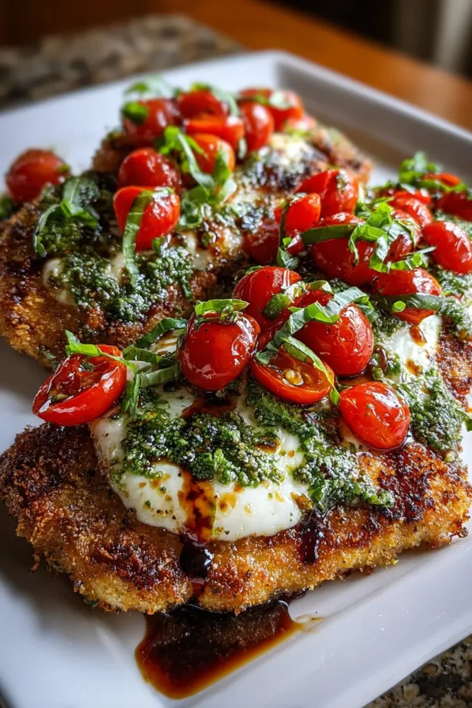 Italian Basil Chicken Cutlets with Tomato and Mozzarella Topping