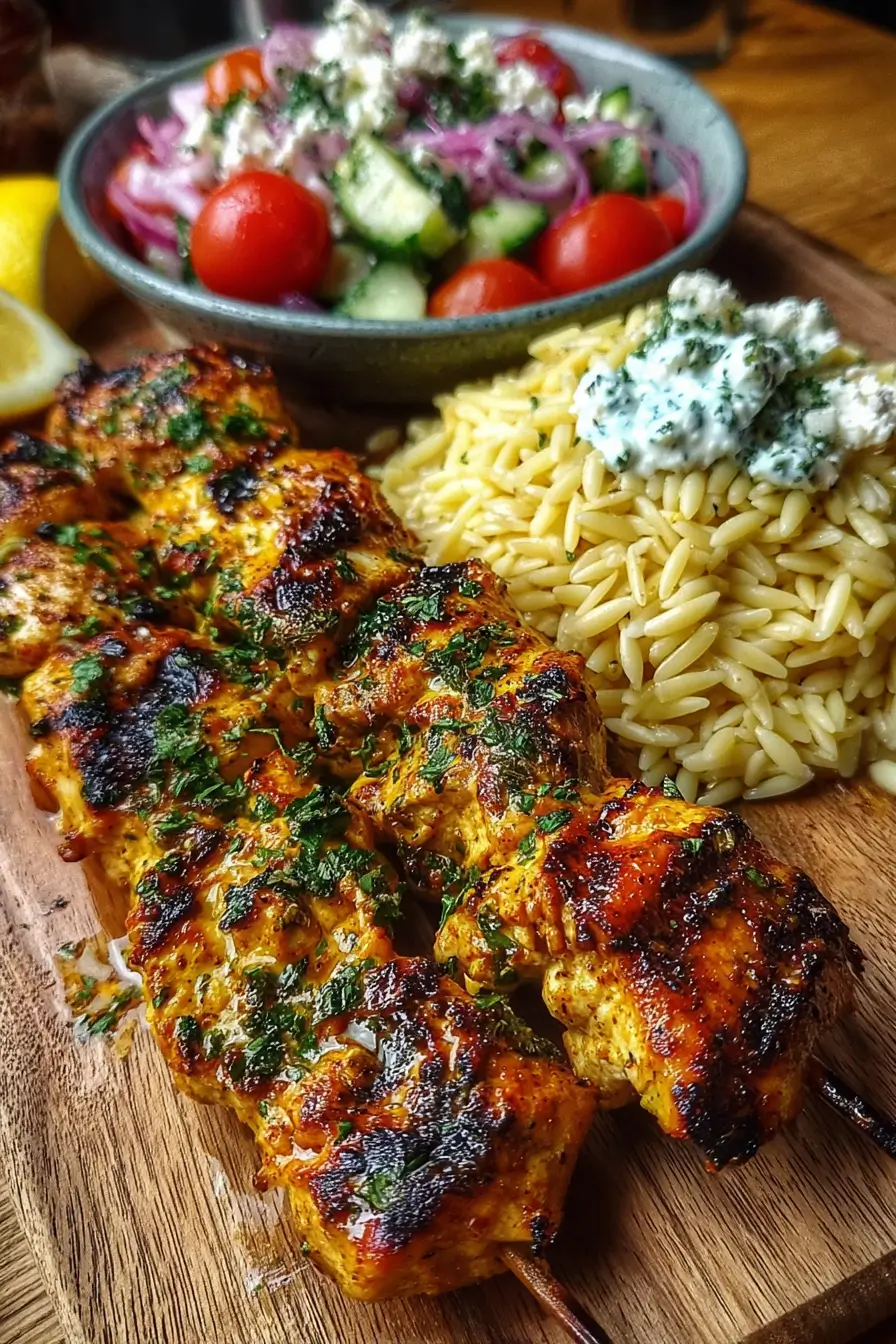 Lemon Garlic Chicken Skewers with Feta Orzo Salad