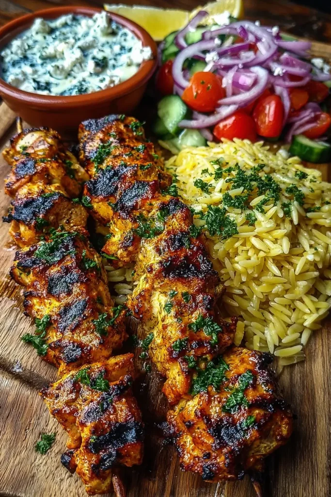  Lemon Garlic Chicken Skewers with Feta Orzo Salad