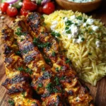 Lemon Garlic Chicken Skewers with Feta Orzo Salad