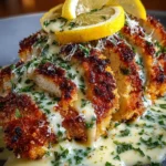 Lemon Parmesan Crusted Chicken with Creamy Garlic Sauce