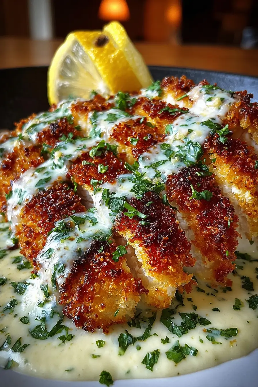 Lemon Parmesan Crusted Chicken with Creamy Garlic Sauce