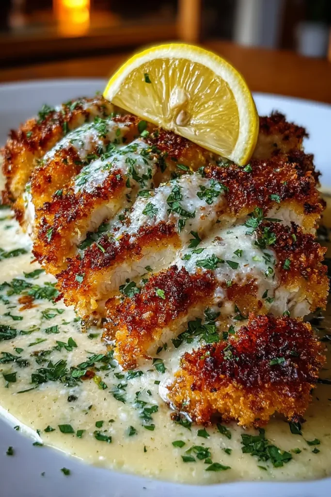 Lemon Parmesan Crusted Chicken with Creamy Garlic Sauce