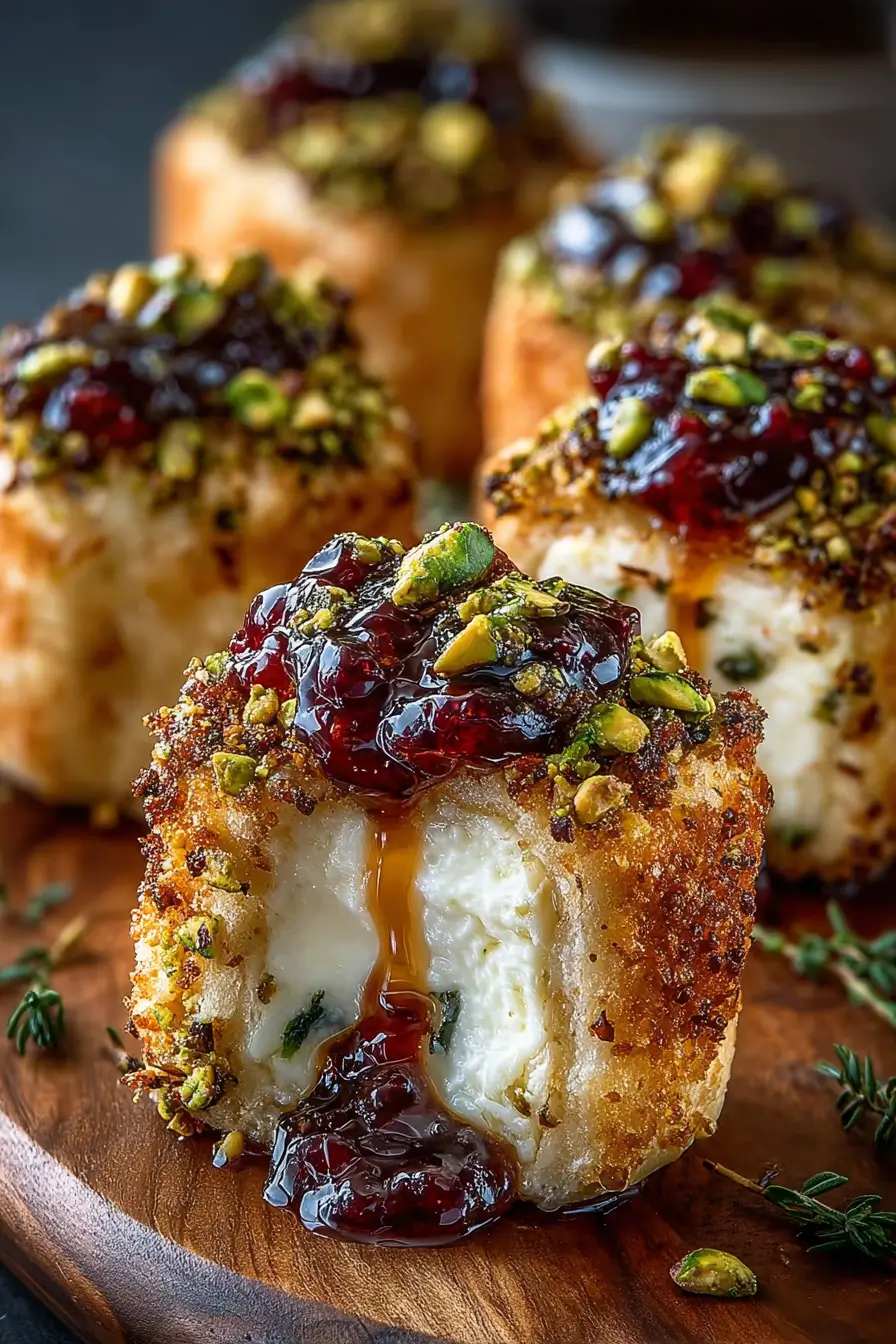 Pistachio Crusted Brie Bites with Cranberry Honey Glaze