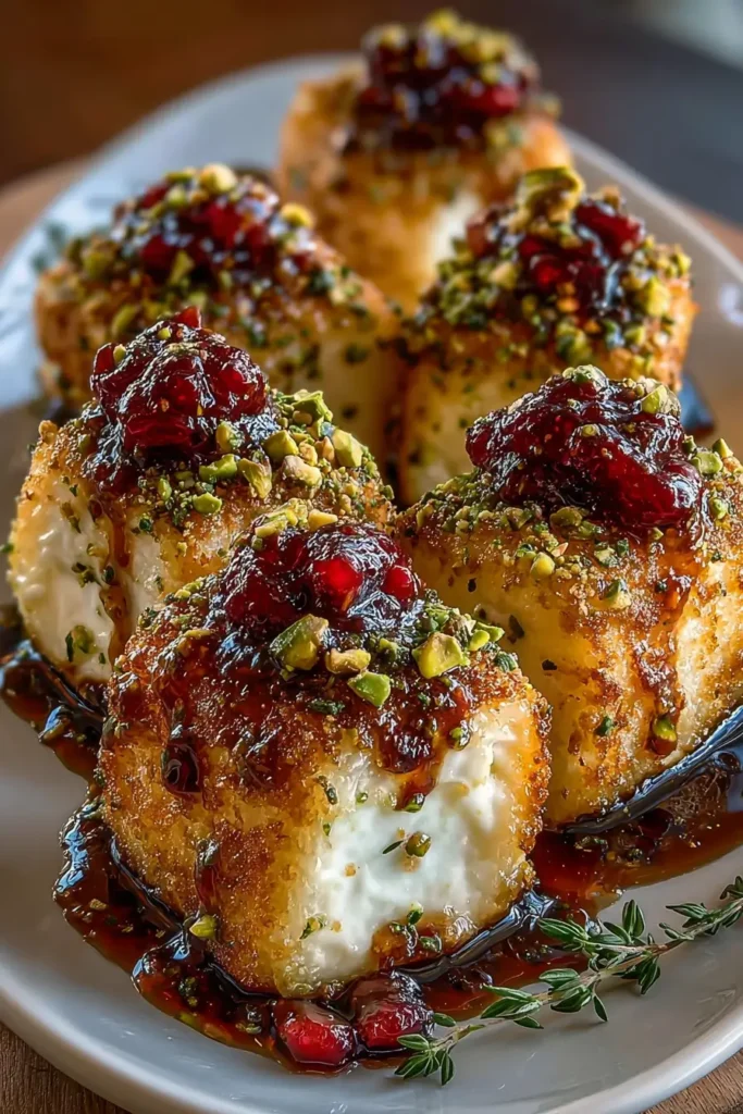 Pistachio Crusted Brie Bites with Cranberry Honey Glaze