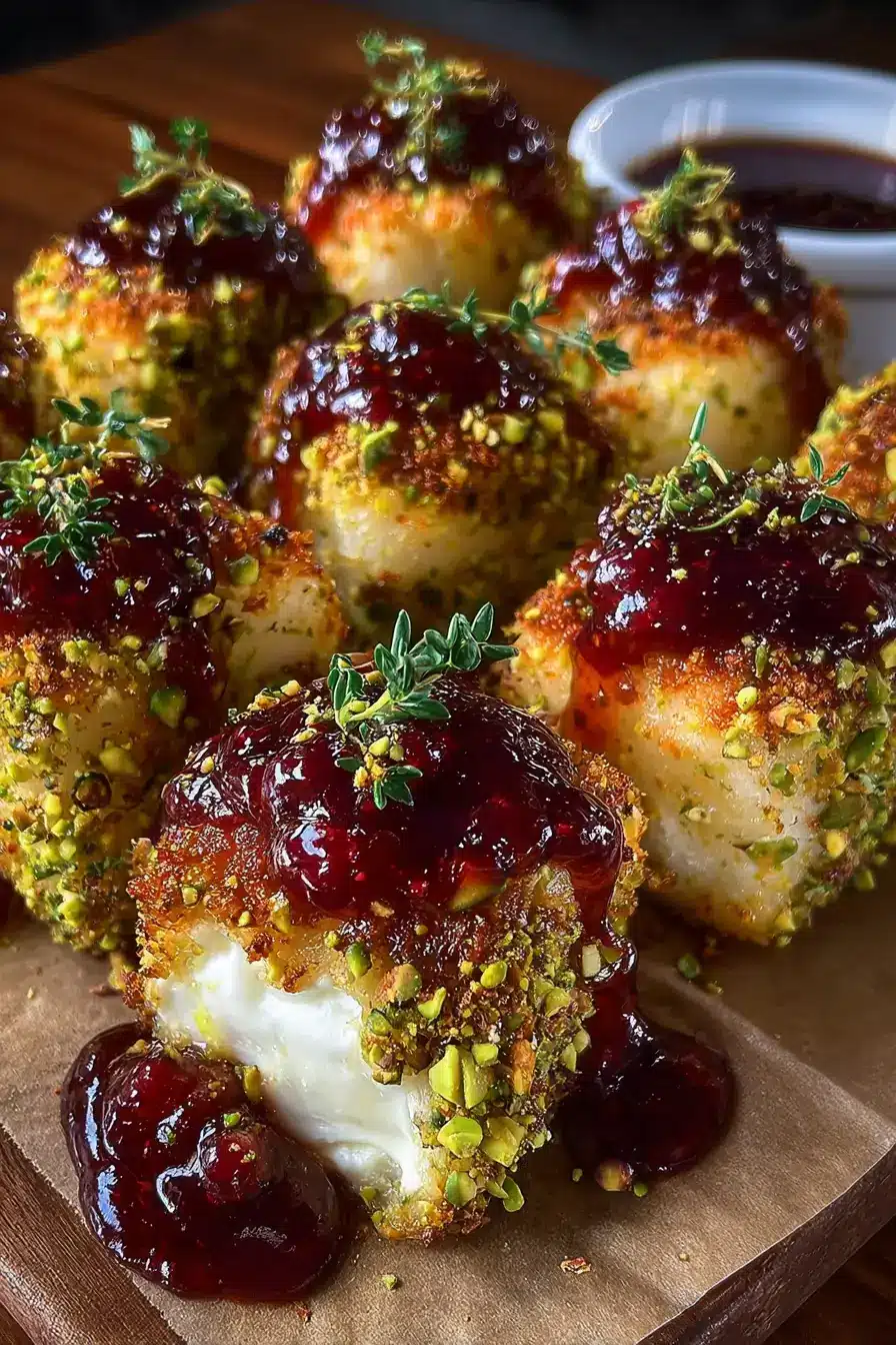 Pistachio Crusted Brie Bites with Raspberry Honey Glaze