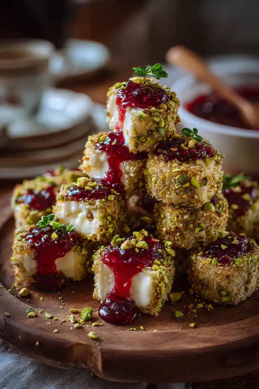 Pistachio-Crusted Brie Bites with Raspberry Honey Glaze