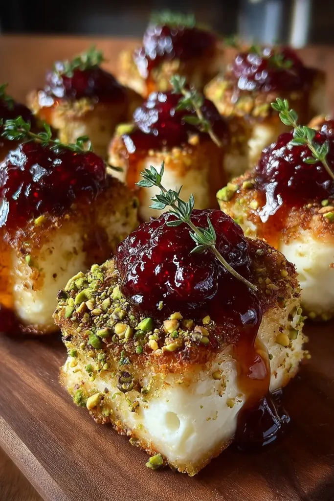 Pistachio Crusted Brie Bites with Raspberry Honey Glaze