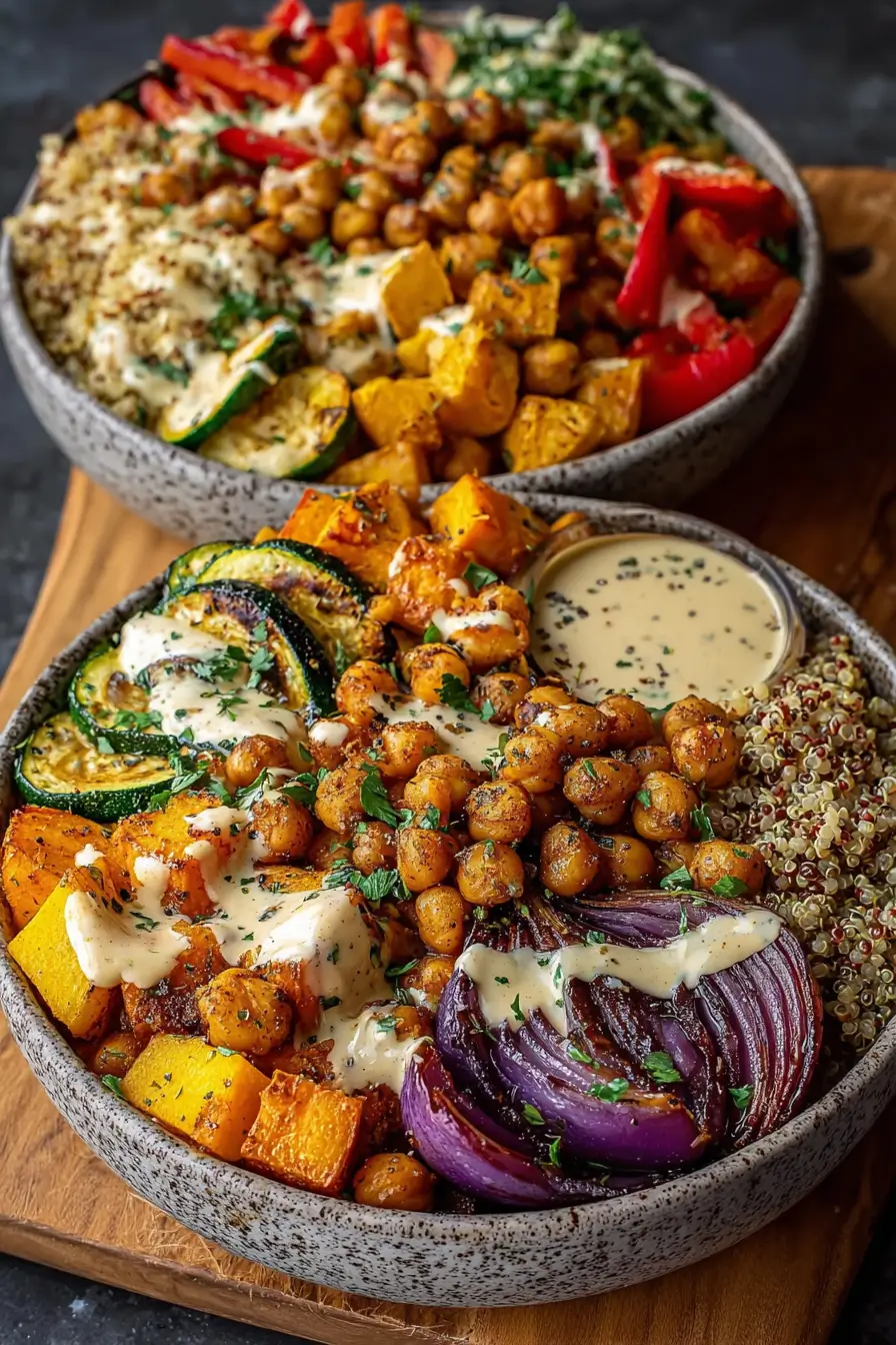 Roasted Veggie & Chickpea Bowls with Maple Dijon Tahini Dressing