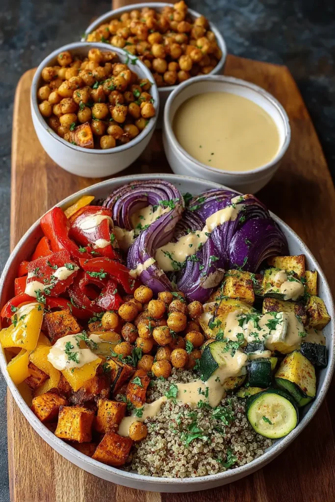Roasted Veggie & Chickpea Bowls with Maple Dijon Tahini Dressing