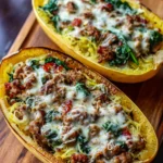 Stuffed Spaghetti Squash with Italian Sausage, Spinach, Apples & Pepper Jack Cheese