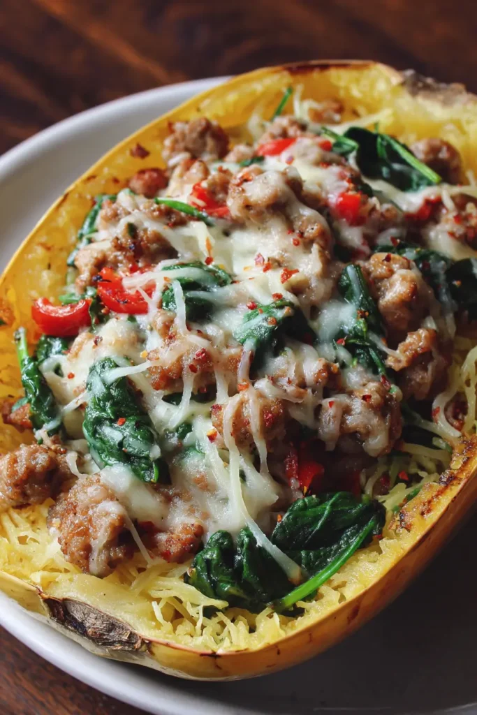 Stuffed Spaghetti Squash with Italian Sausage, Spinach, Apples & Pepper Jack Cheese