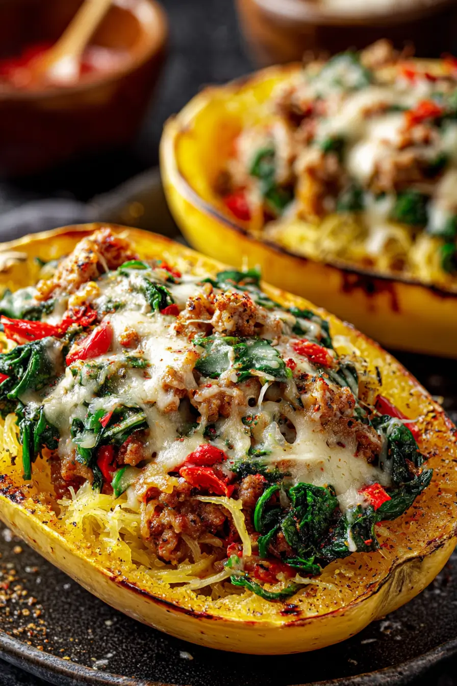 Stuffed Spaghetti Squash with Italian Sausage, Spinach, Apples & Pepper Jack Cheese