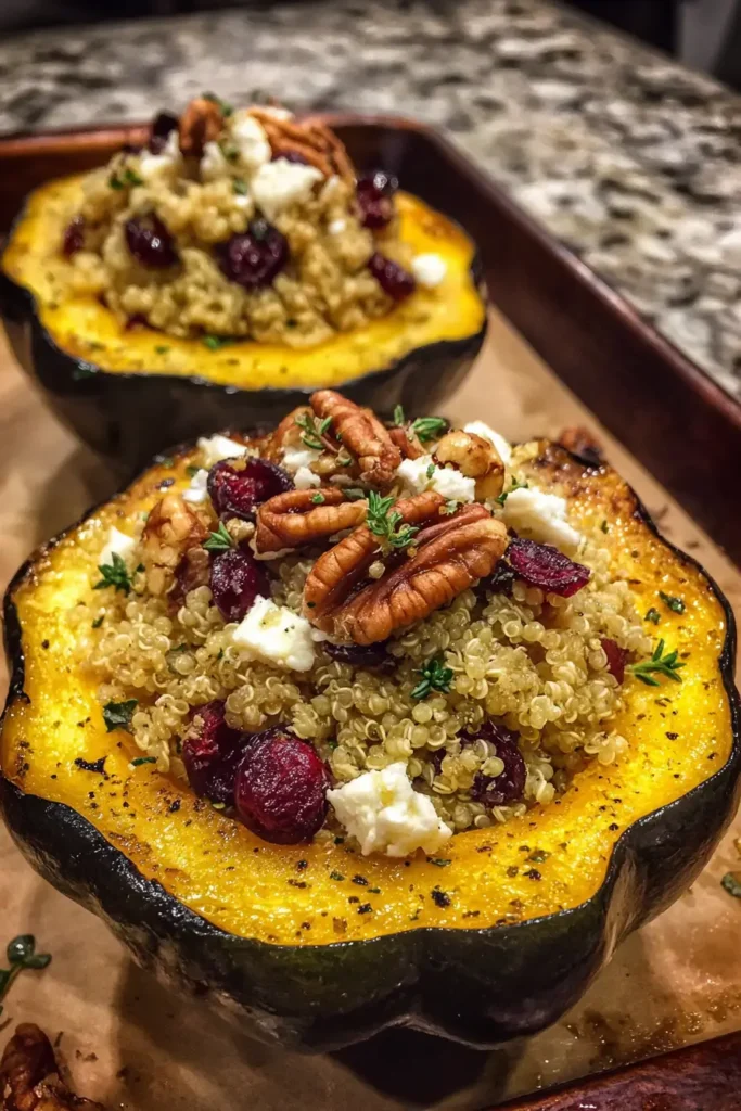 Stuffed Acorn Squash with Quinoa, Cranberries & Feta