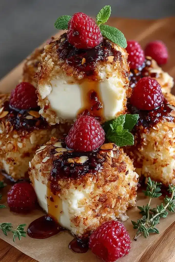 Almond-Crusted Brie Bites with Raspberry Honey Glaze