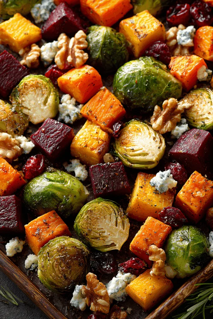 Caramelized Brussels Sprouts, Sweet Potato, Butternut Squash, Carrot & Beet Medley with Feta, Walnuts, and Cranberry-Honey Glaze Recipe