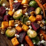 Caramelized Brussels Sprouts, Sweet Potato, Butternut Squash, Carrot & Beet Medley with Feta, Walnuts, and Cranberry-Honey Glaze