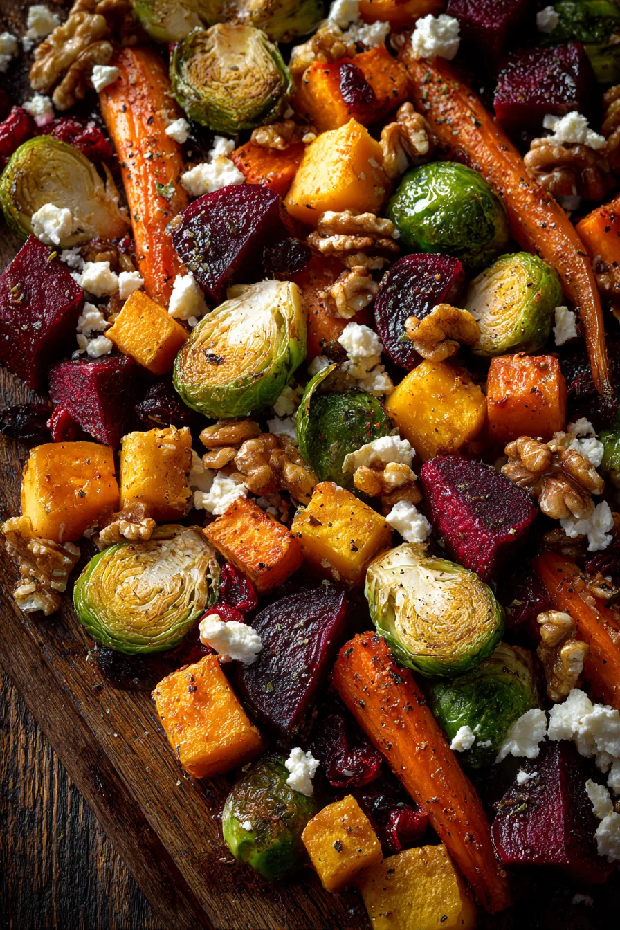 Caramelized Brussels Sprouts, Sweet Potato, Butternut Squash, Carrot & Beet Medley with Feta, Walnuts, and Cranberry-Honey Glaze