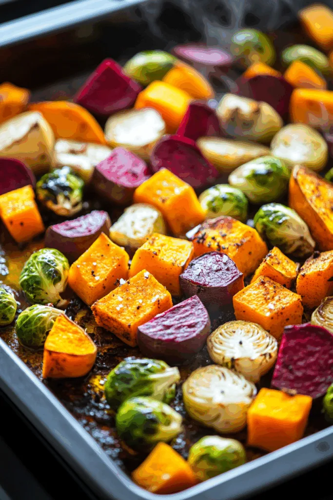 How to make Caramelized Brussels Sprouts, Sweet Potato, Butternut Squash, Carrot & Beet Medley with Feta, Walnuts, and Cranberry-Honey Glaze
